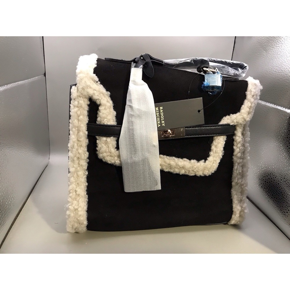 Badgley Mischka Fur Border‎ Satchel Black With White Fur Trim Vegan Leather Lock